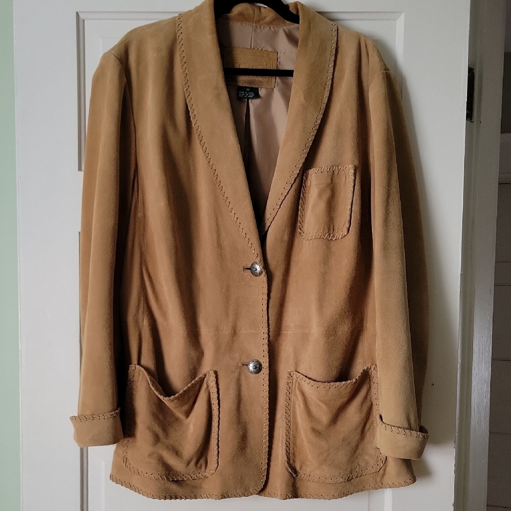 Ralph Lauren Tan Suede Jacket Blazer - Whipstitch, Silver Turquoise Buttons XL